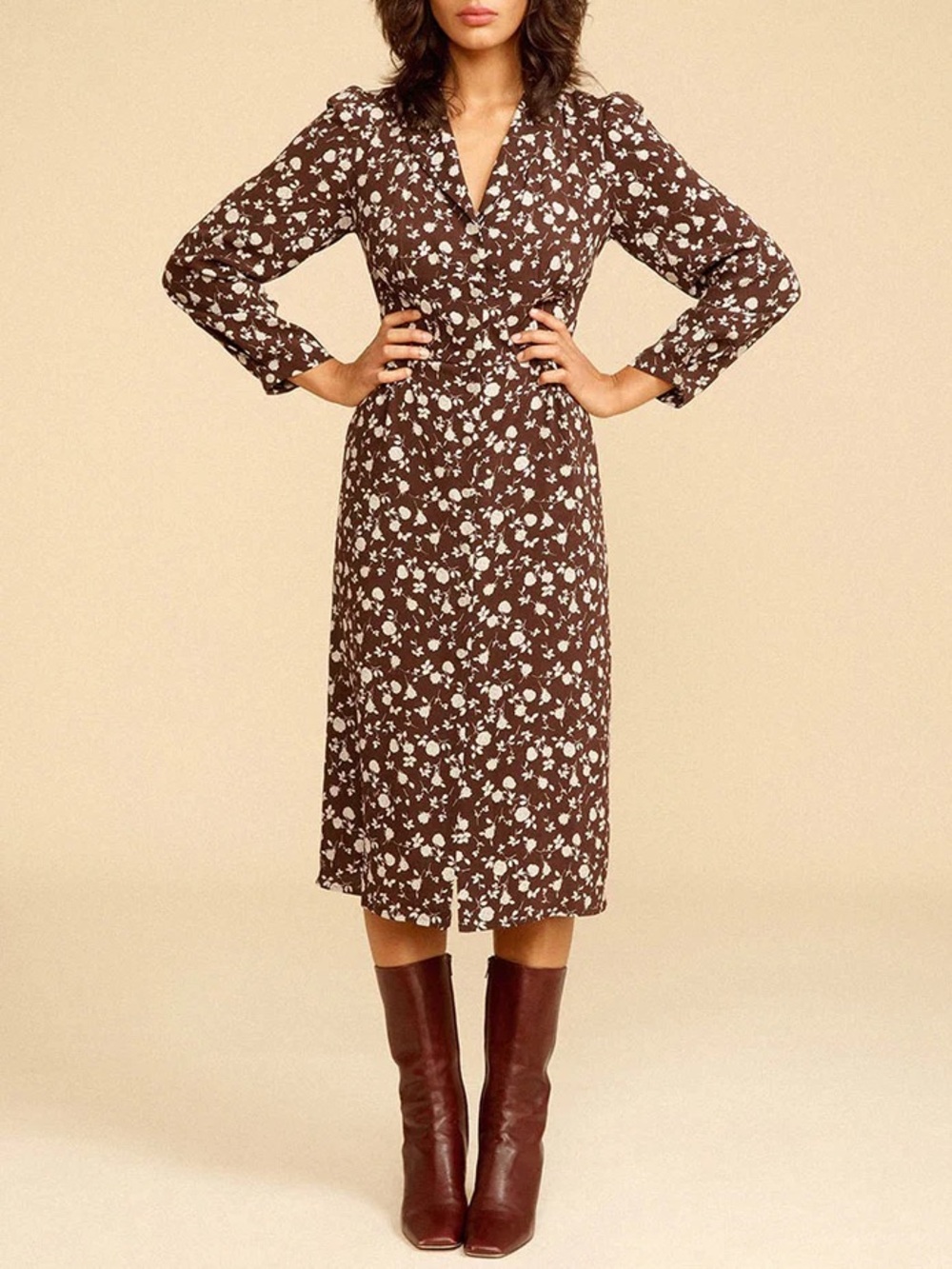 ROUJE Brown Floral Printed Long Sleeve Button Down Clementine Midi Dress 4/6